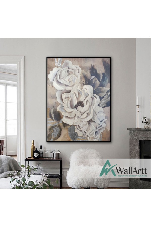 Abstract Flower with Silver Foil Textured Partial Oil Painting